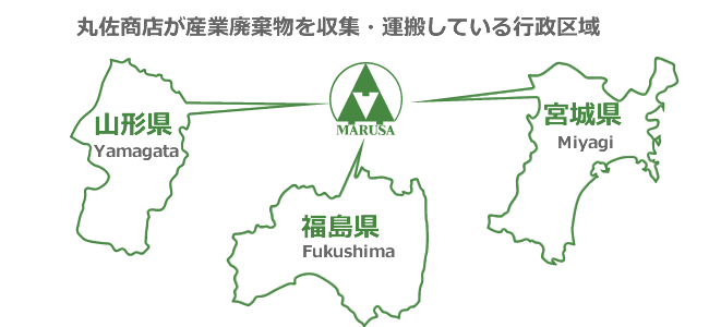 丸佐商店が産業廃棄物収集・運搬を行っている行政区域：宮城県、福島県、山形県